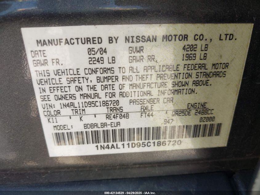 2005 Nissan Altima 2.5 S VIN: 1N4AL11D95C186720 Lot: 42134529