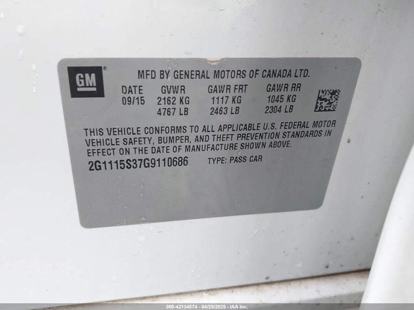 2016 CHEVROLET IMPALA VIN: 2G1115S37G9110686