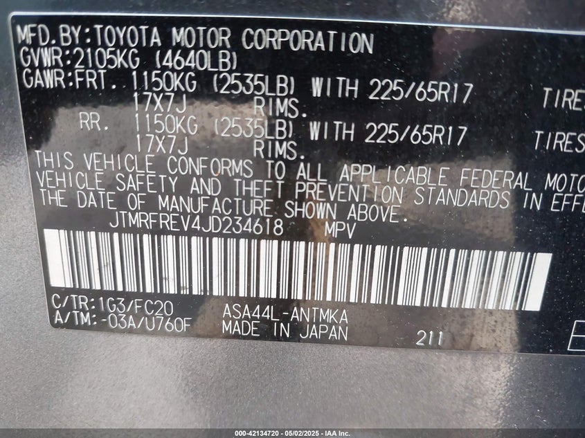 VIN JTMRFREV4JD234618 2018 TOYOTA RAV4 XLE