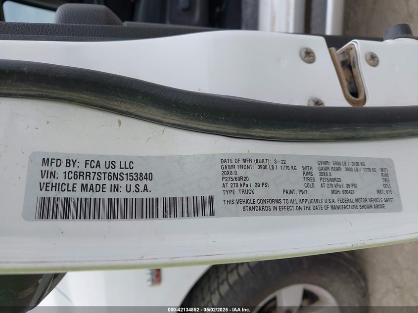 2022 RAM 1500 CLASSIC VIN: 1C6RR7ST6NS153840
