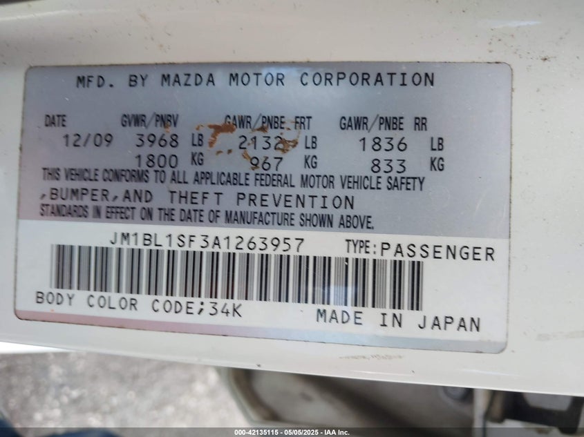 2010 MAZDA MAZDA3 VIN: JM1BL1SF3A1263957