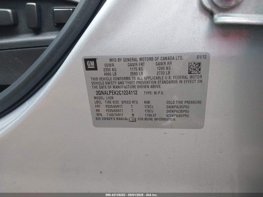 2012 CHEVROLET EQUINOX VIN: 2GNALPEK2C1224112
