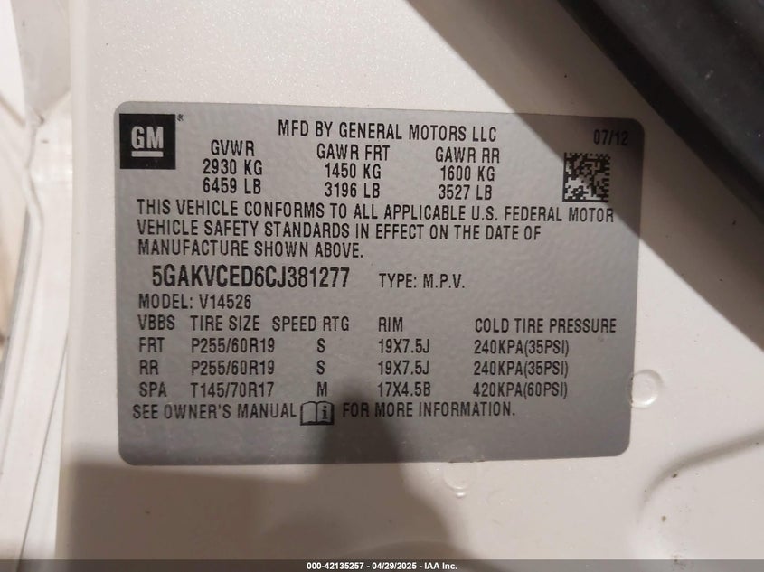2012 BUICK ENCLAVE VIN: 5GAKVCED6CJ381277