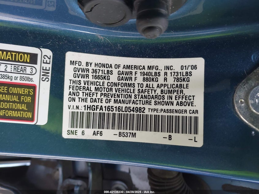 2006 HONDA CIVIC VIN: 1HGFA16516L054982