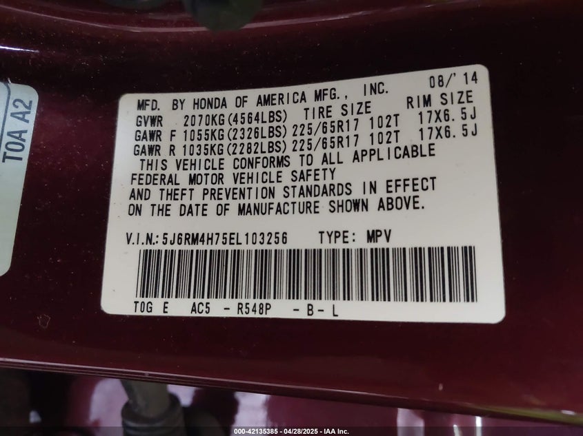 2014 HONDA CR-V VIN: 5J6RM4H75EL103256