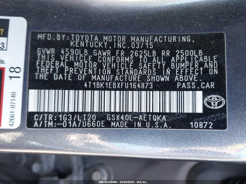 2015 TOYOTA AVALON VIN: 4T1BK1EBXFU164873