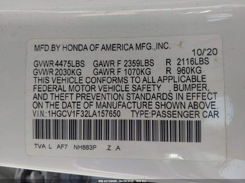 2020 HONDA ACCORD VIN: 1HGCV1F32LA157650