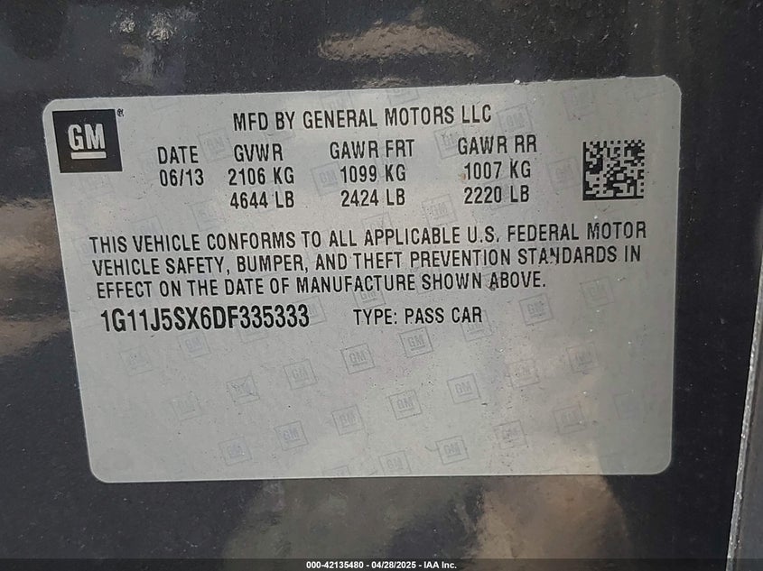 2013 CHEVROLET MALIBU VIN: 1G11J5SX6DF335333