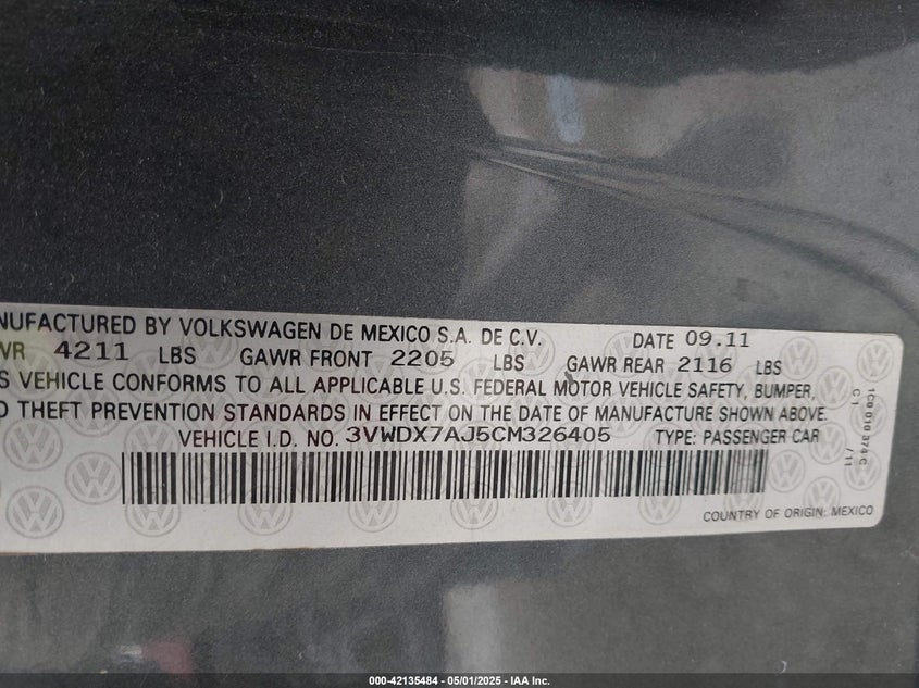 2012 VOLKSWAGEN JETTA VIN: 3VWDX7AJ5CM326405