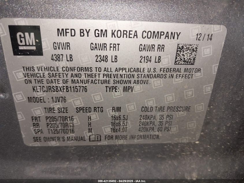 2015 Chevrolet Trax Lt VIN: KL7CJRSBXFB115776 Lot: 42135492