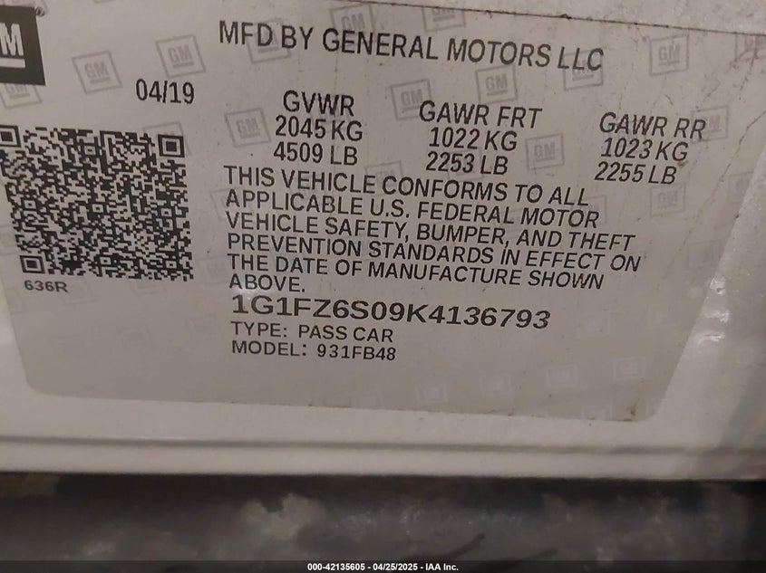 2019 CHEVROLET BOLT EV VIN: 1G1FZ6S09K4136793