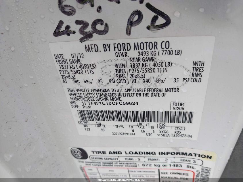 2012 Ford F-150 Platinum VIN: 1FTFW1ET0CFC59624 Lot: 42135646