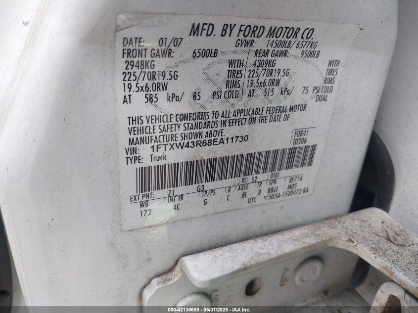 2008 Ford F-450 King Ranch/Lariat/Xl/Xlt VIN: 1FTXW43R68EA11730 Lot: 42135659