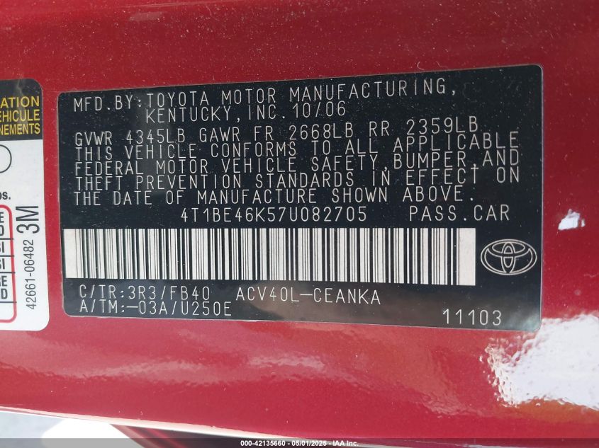 2007 Toyota Camry Ce/Le/Se/Xle VIN: 4T1BE46K574082705 Lot: 42135660