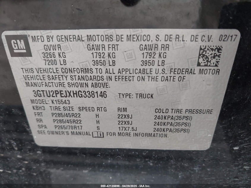 2017 GMC SIERRA 1500 VIN: 3GTU2PEJXHG338146