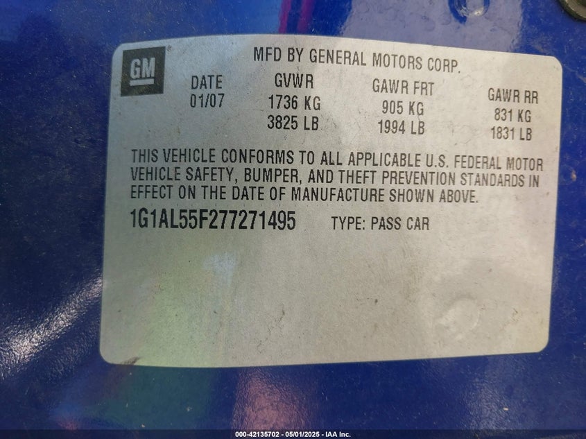 2007 CHEVROLET COBALT VIN: 1G1AL55F277271495