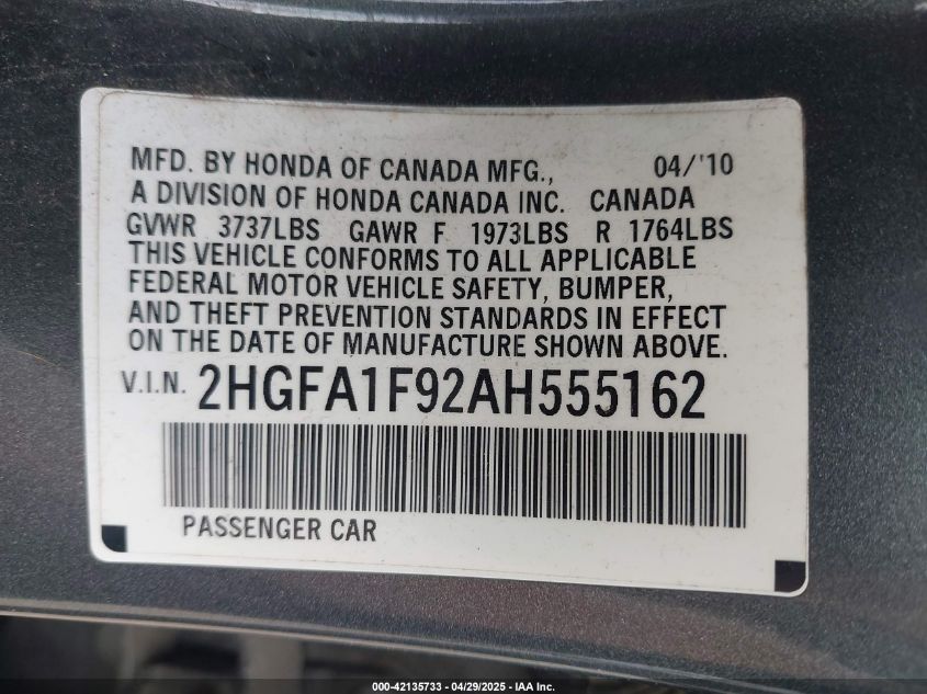 2010 Honda Civic Ex-L VIN: 2HGFA1F92AH555162 Lot: 42135733