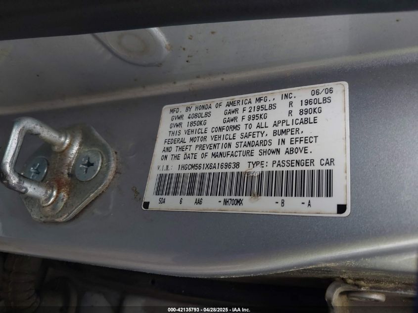 2006 Honda Accord 2.4 Vp VIN: 1HGCM561X6A169638 Lot: 42135793