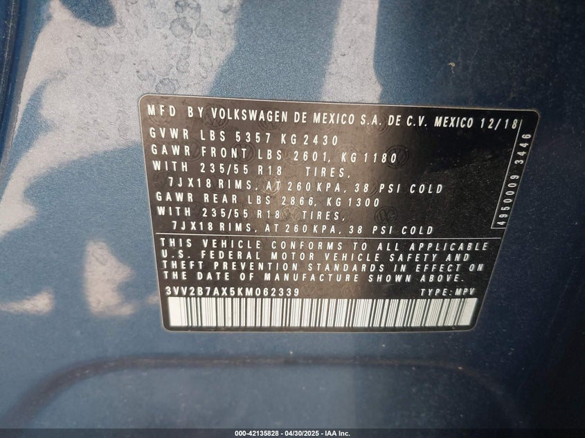 VIN 3VV2B7AX5KM062339 2019 VOLKSWAGEN TIGUAN 2.0T SE/2.0T SEL/2.0T SEL R-LINE/2.0T SEL R-LINE BLACK