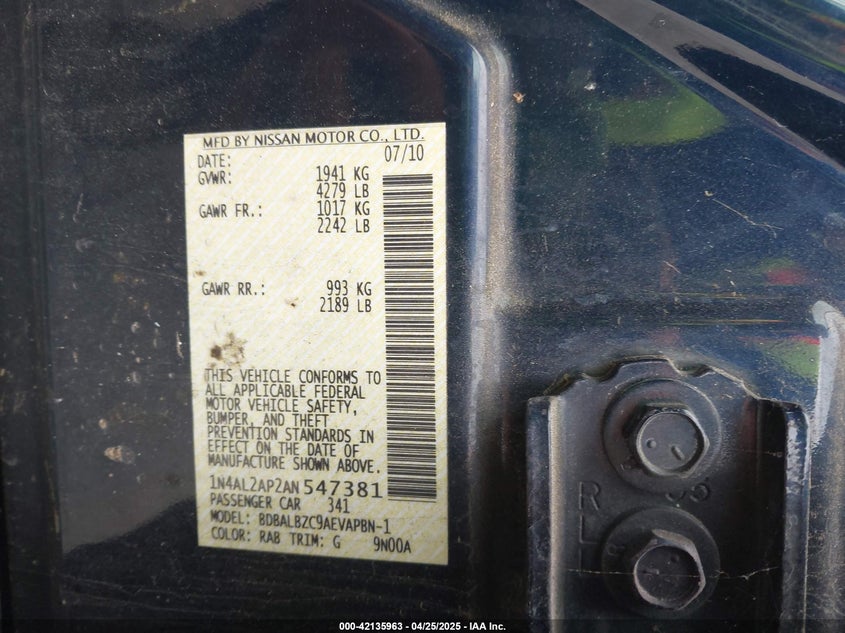 2010 NISSAN ALTIMA VIN: 1N4AL2AP2AN547381