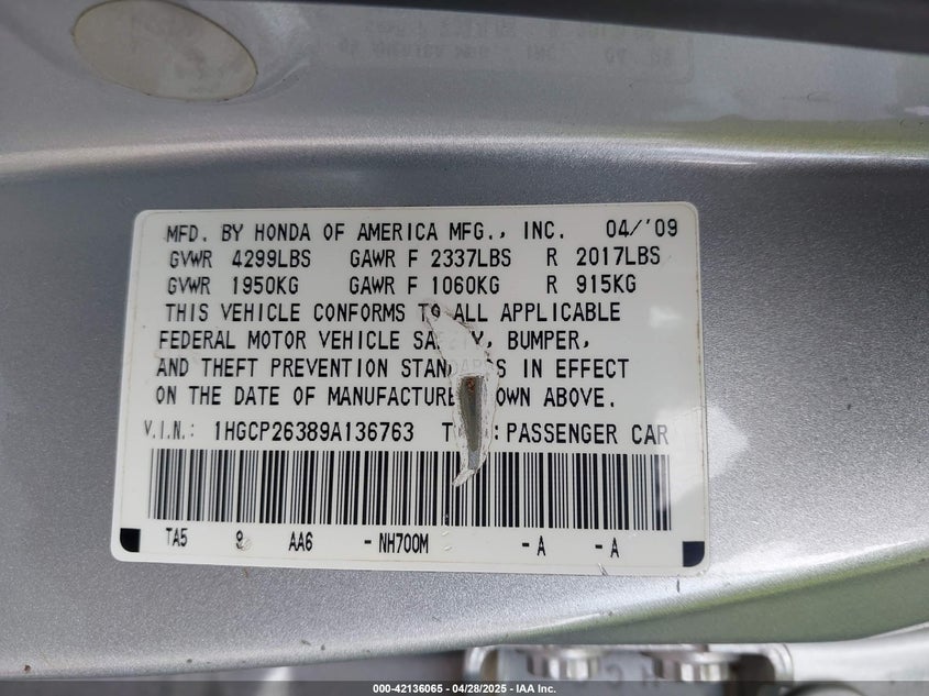 2009 HONDA ACCORD VIN: 1HGCP26389A136763