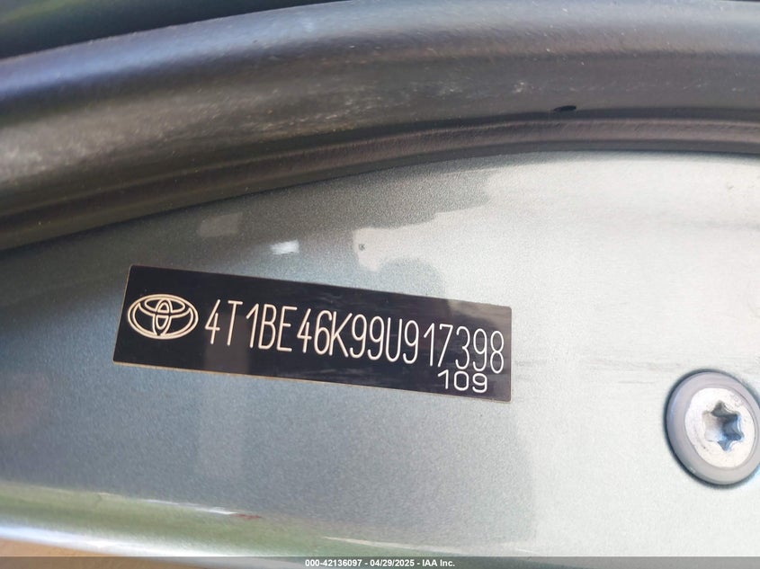2009 TOYOTA CAMRY VIN: 4T1BE46K99U917398