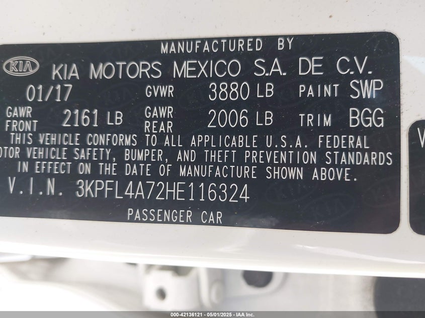 2017 KIA FORTE VIN: 3KPFL4A72HE116324