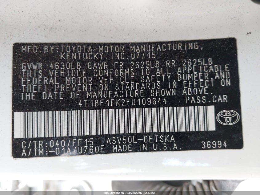 2015 TOYOTA CAMRY VIN: 4T1BF1FK2FU109644