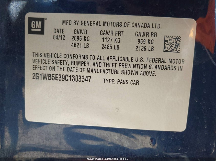 2012 CHEVROLET IMPALA VIN: 2G1WB5E39C1303347