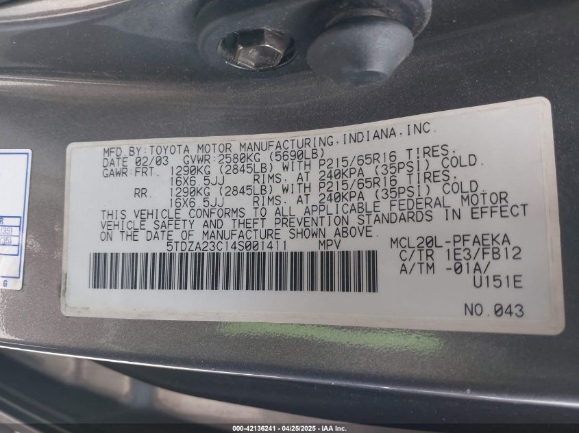 2004 Toyota Sienna Le VIN: 5TDZA23C14S001411 Lot: 42136241