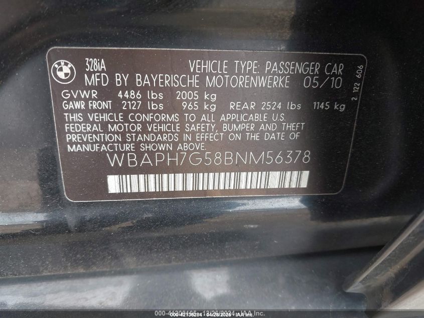 2011 BMW 328I VIN: WBAPH7G58BNM56378 Lot: 42136284