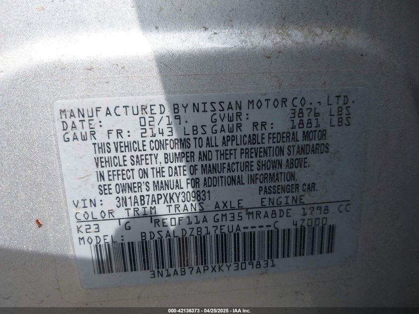 2019 NISSAN SENTRA VIN: 3N1AB7APXKY309831