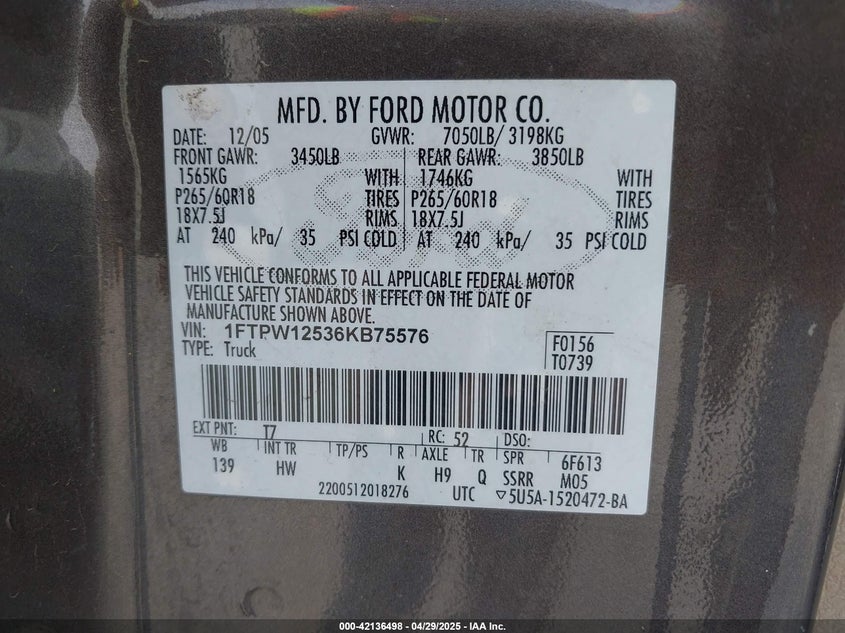 2006 FORD F-150 VIN: 1FTPW12536KB75576