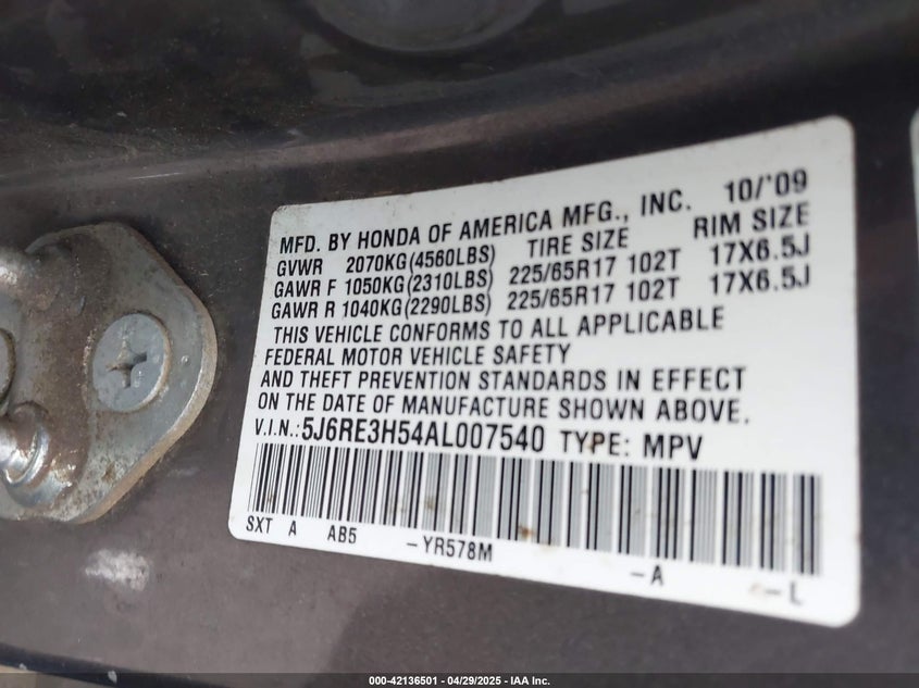 2010 Honda Cr-V Ex VIN: 5J6RE3H54AL007540 Lot: 42136501