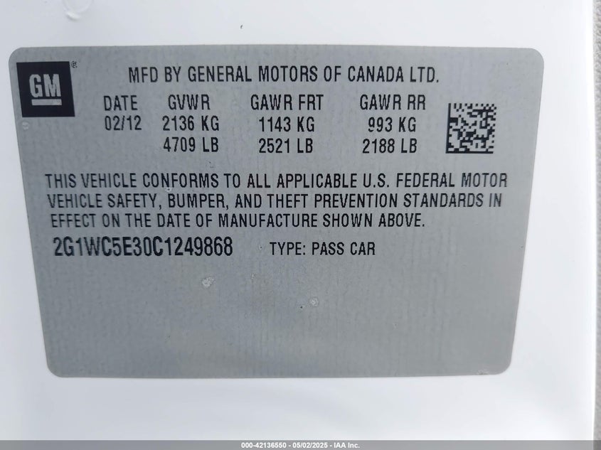 2012 CHEVROLET IMPALA VIN: 2G1WC5E30C1249868