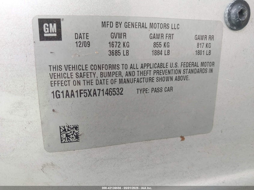 2010 CHEVROLET COBALT VIN: 1G1AA1F5XA7146532