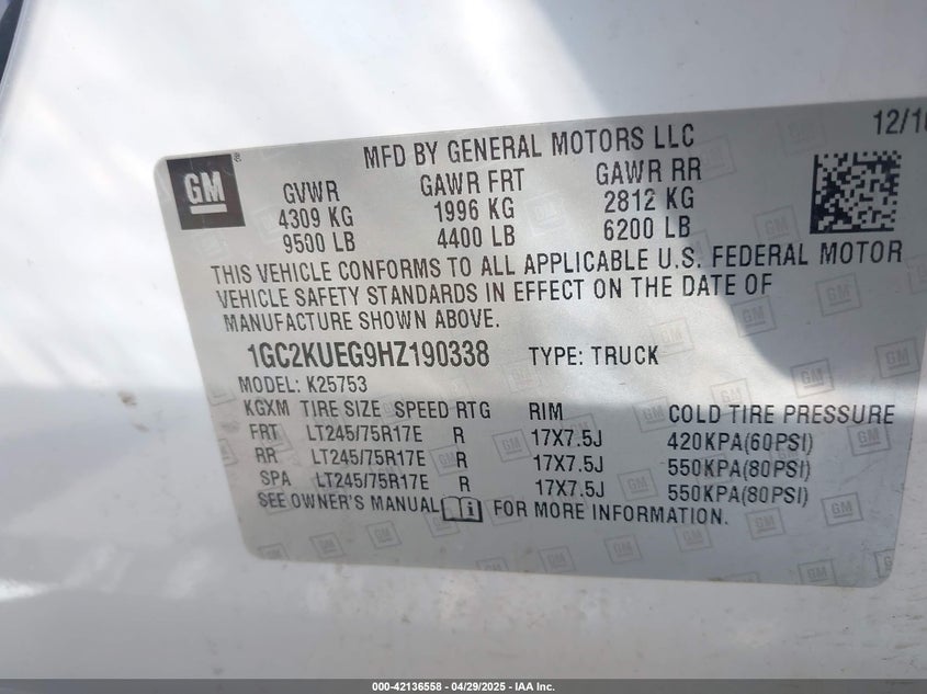 2017 CHEVROLET SILVERADO 2500HD VIN: 1GC2KUEG9HZ190338