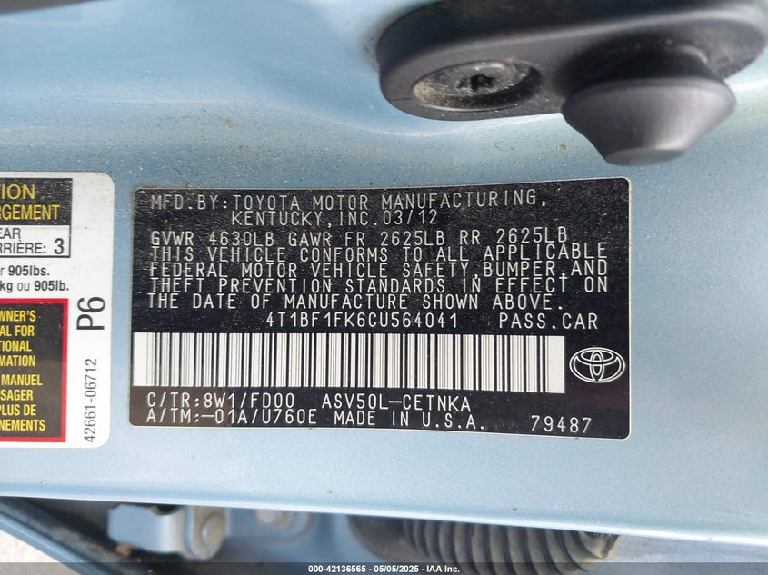 2012 TOYOTA CAMRY VIN: 4T1BF1FK6CU564041