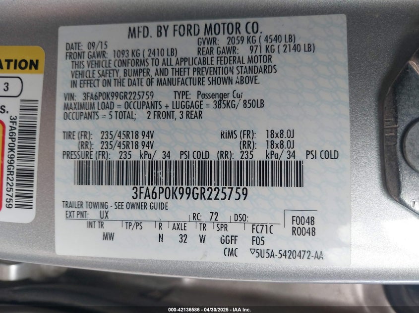 2016 FORD FUSION VIN: 3FA6P0K99GR225759