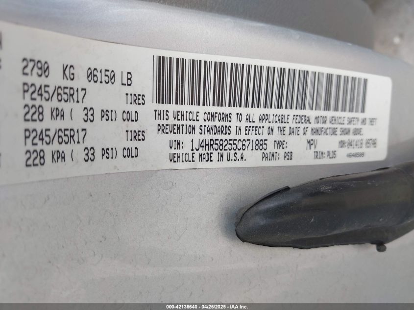 2005 Jeep Grand Cherokee Limited VIN: 1J4HR58255C671885 Lot: 42136640