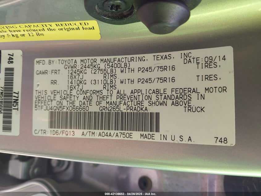2015 TOYOTA TACOMA VIN: 5TFJU4GN5FX066660
