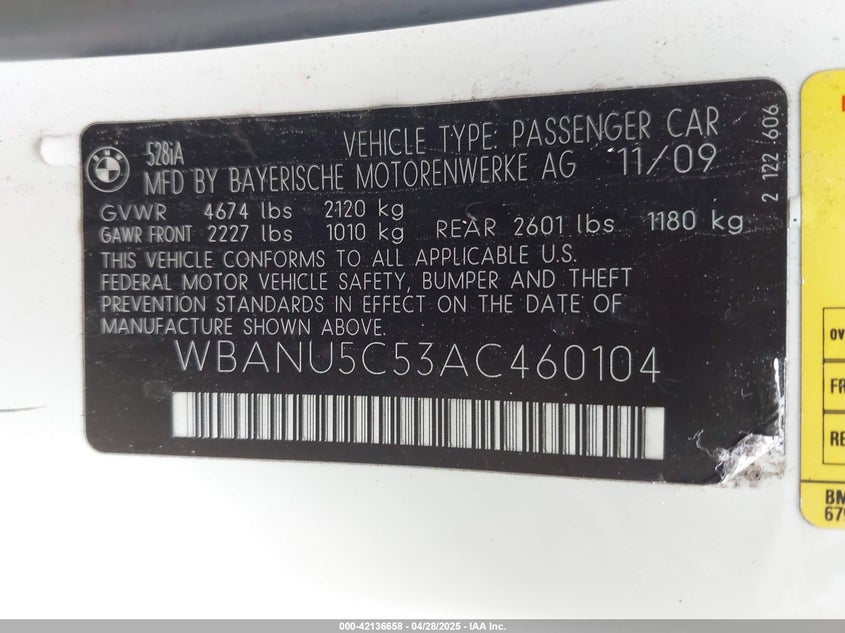 2010 BMW 528I VIN: WBANU5C53AC460104
