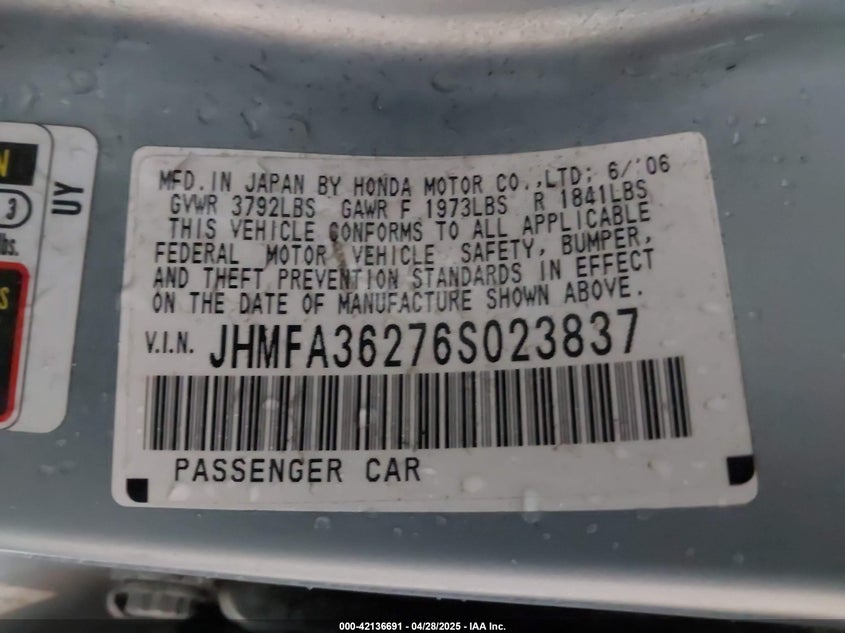 2006 HONDA CIVIC HYBRID VIN: JHMFA36276S023837