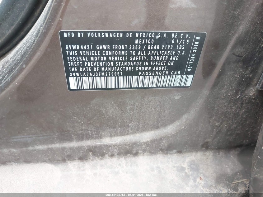 2015 VOLKSWAGEN JETTA VIN: 3VWLA7AJ3FM279957