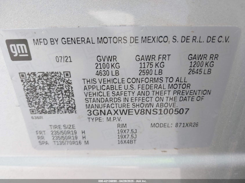 2022 CHEVROLET EQUINOX VIN: 3GNAXWEV8NS100507