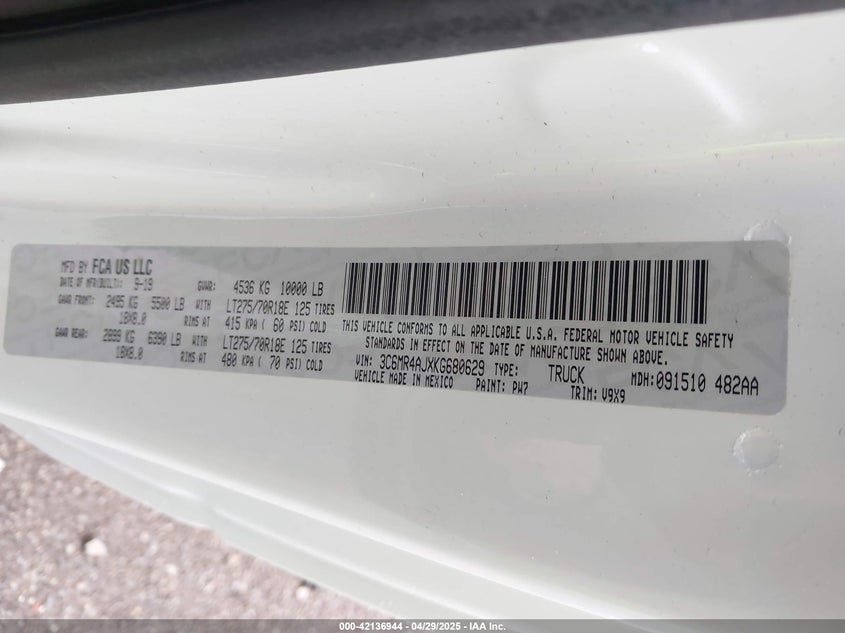 2019 RAM 2500 VIN: 3C6MR4AJXKG680629
