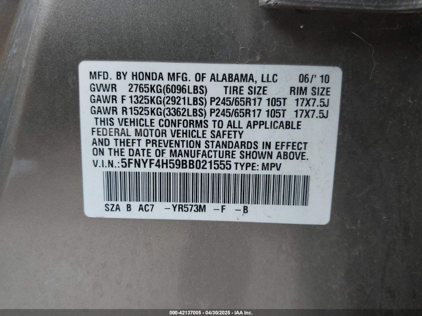 2011 Honda Pilot Ex-L VIN: 5FNYF4H59BB021555 Lot: 42137005