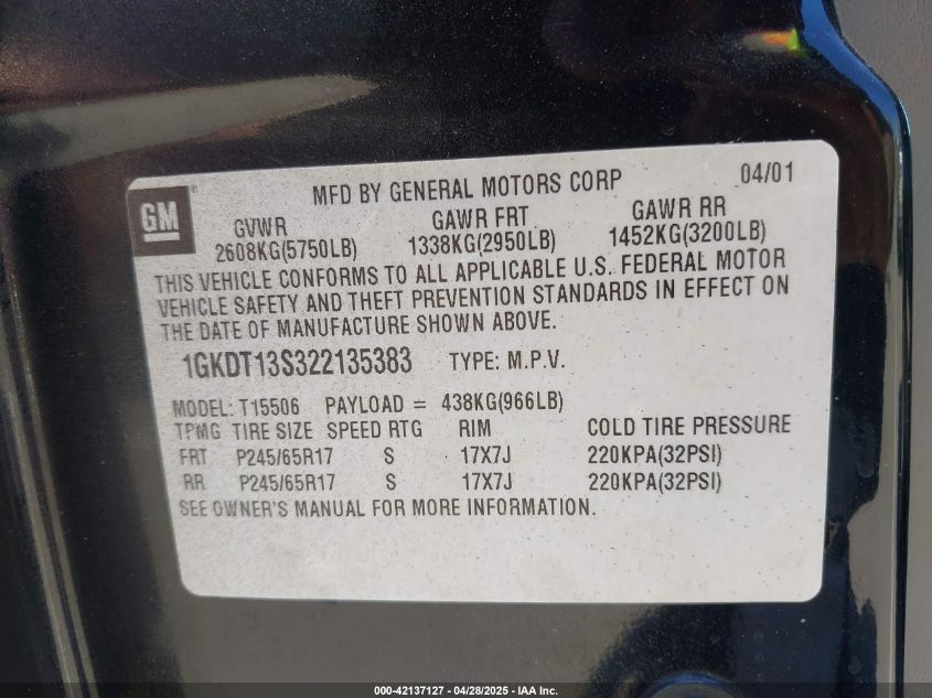 2002 GMC Envoy Slt VIN: 1GKDT13S322135383 Lot: 42137127