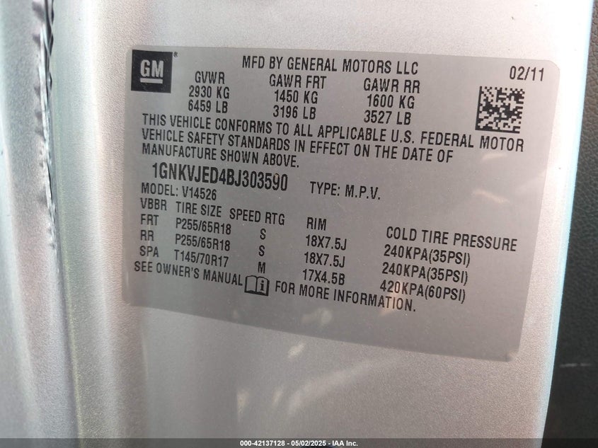 2011 CHEVROLET TRAVERSE VIN: 1GNKVJED4BJ303590