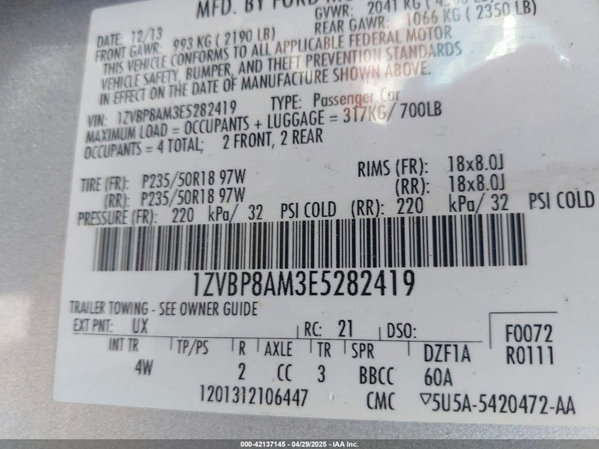 2014 Ford Mustang V6 Premium VIN: 1ZVBP8AM3E5282419 Lot: 42137145